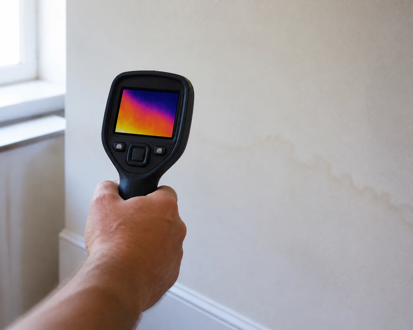 Caméra thermique orientée vers une zone humide sur un mur