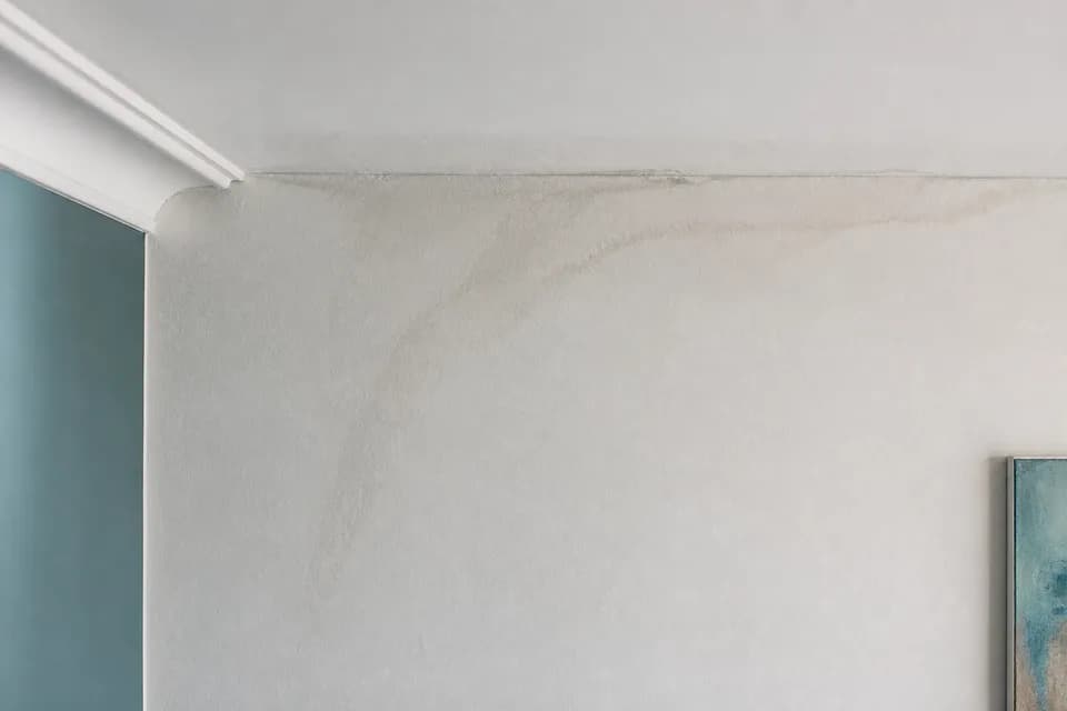 Trace d’humidité localisée à la jonction d’un mur et d’un plafond