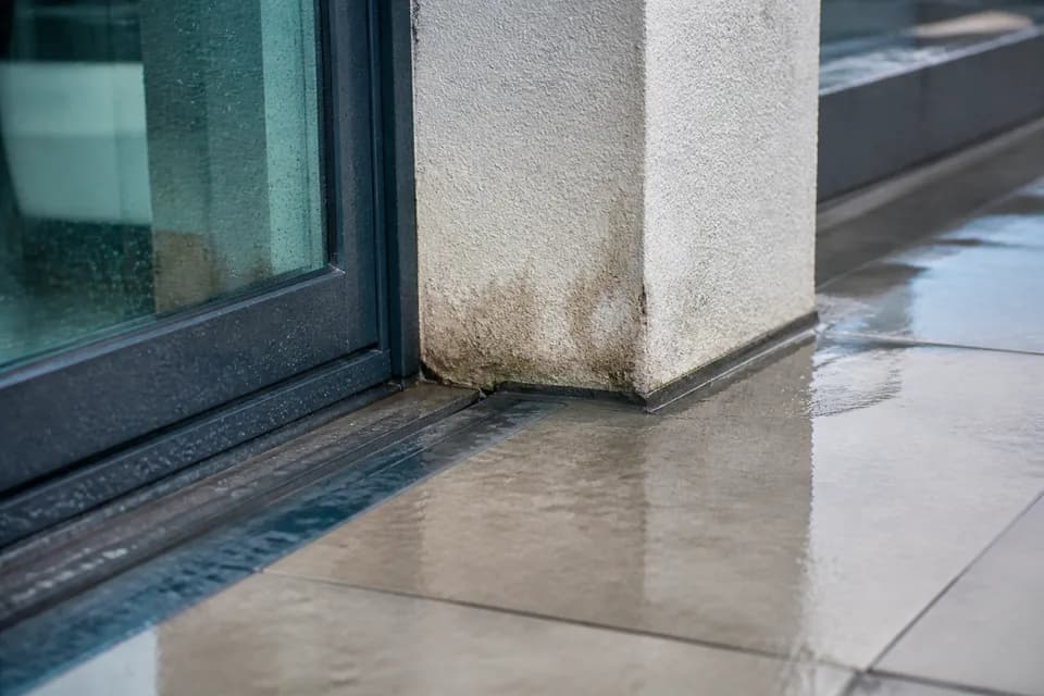 Humidité visible à la jonction d’une terrasse et d’une baie vitrée après la pluie