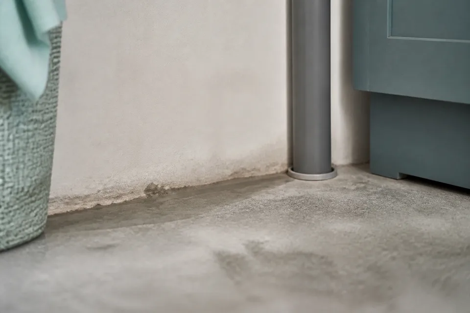 Trace d’humidité discrète au pied d’un mur près d’un passage de canalisation